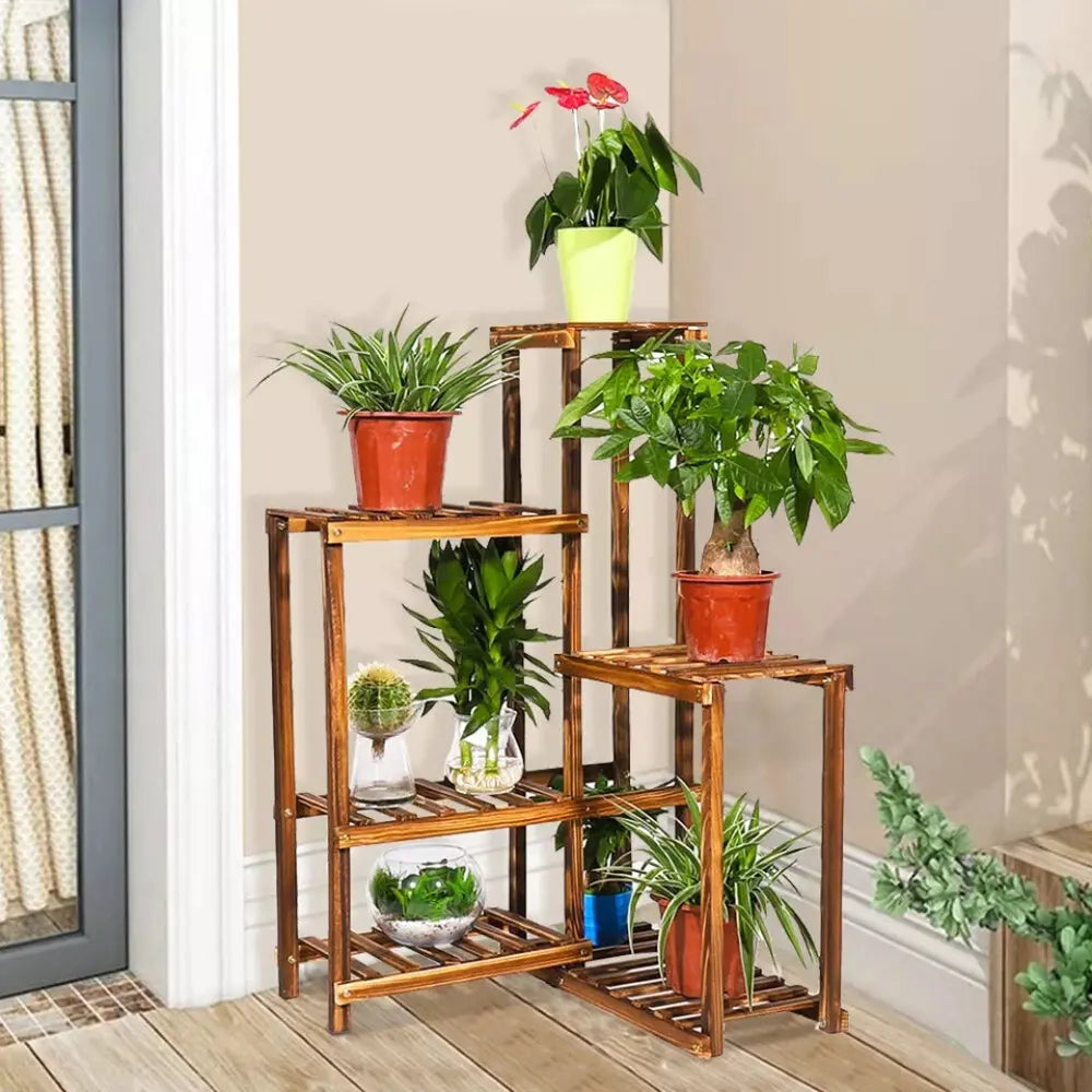 6 Tier Corner Plant Display Stand Wood Flower Pots Shelf Rack