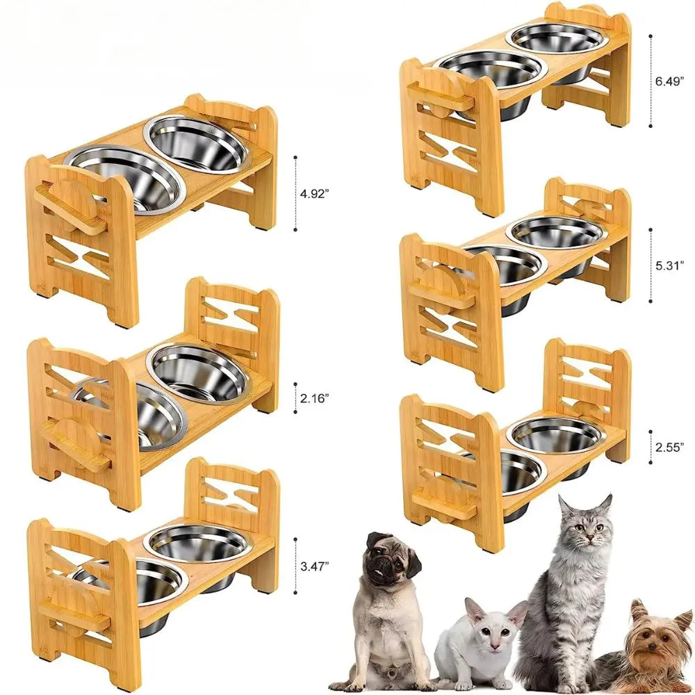 Adjustable Bamboo Elevated Dog Bowls with Stainless Steel Food Bowls