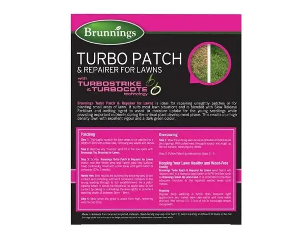 Brunnings Turbo Patch Repairer 800 g – Fast Lawn Patch Fix with Seed & Fertiliser Bonnyrigg Produce & Garden Supplies