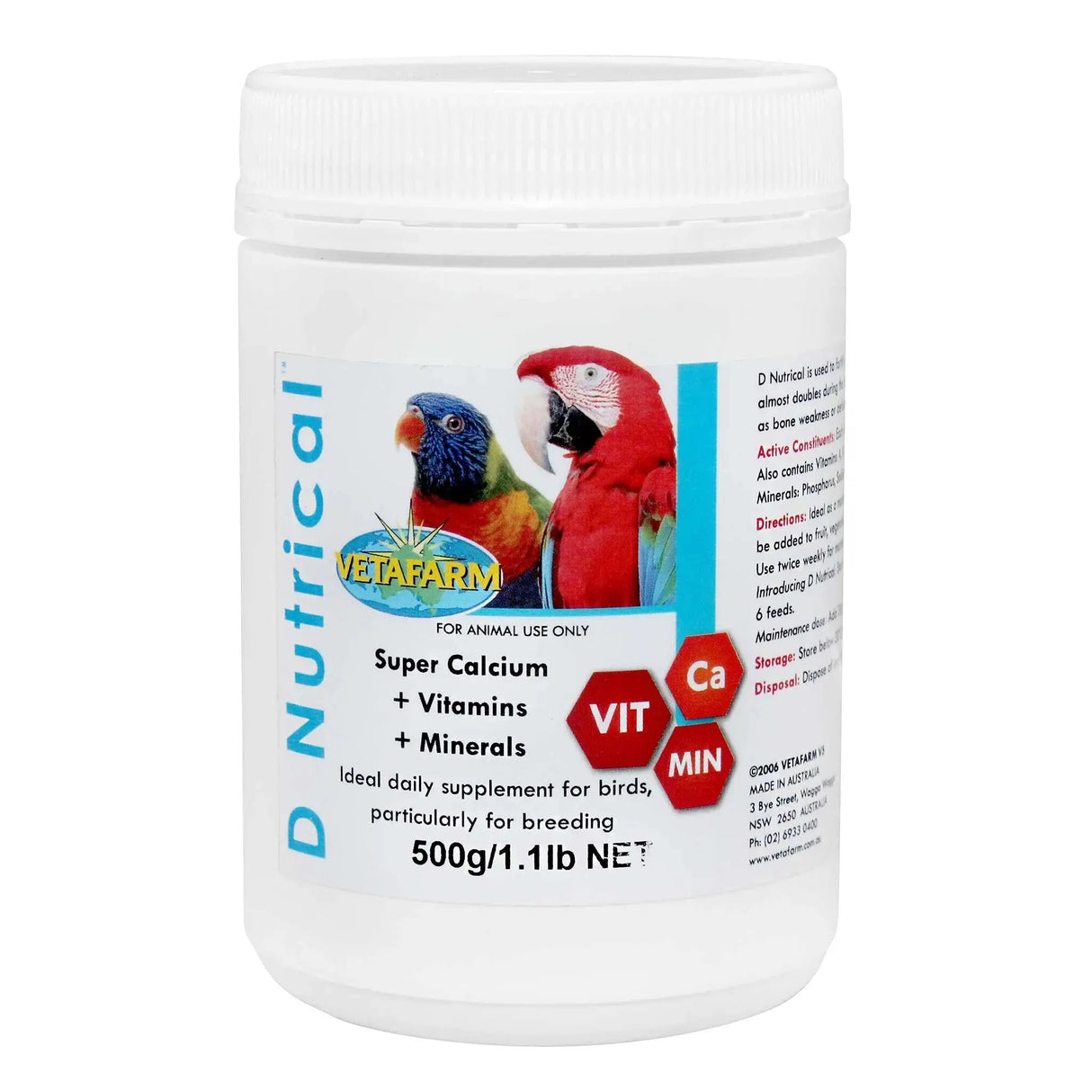 Vetafarm D Nutrical 500g – Triple Calcium, Vitamin & Mineral Supplement for Birds
