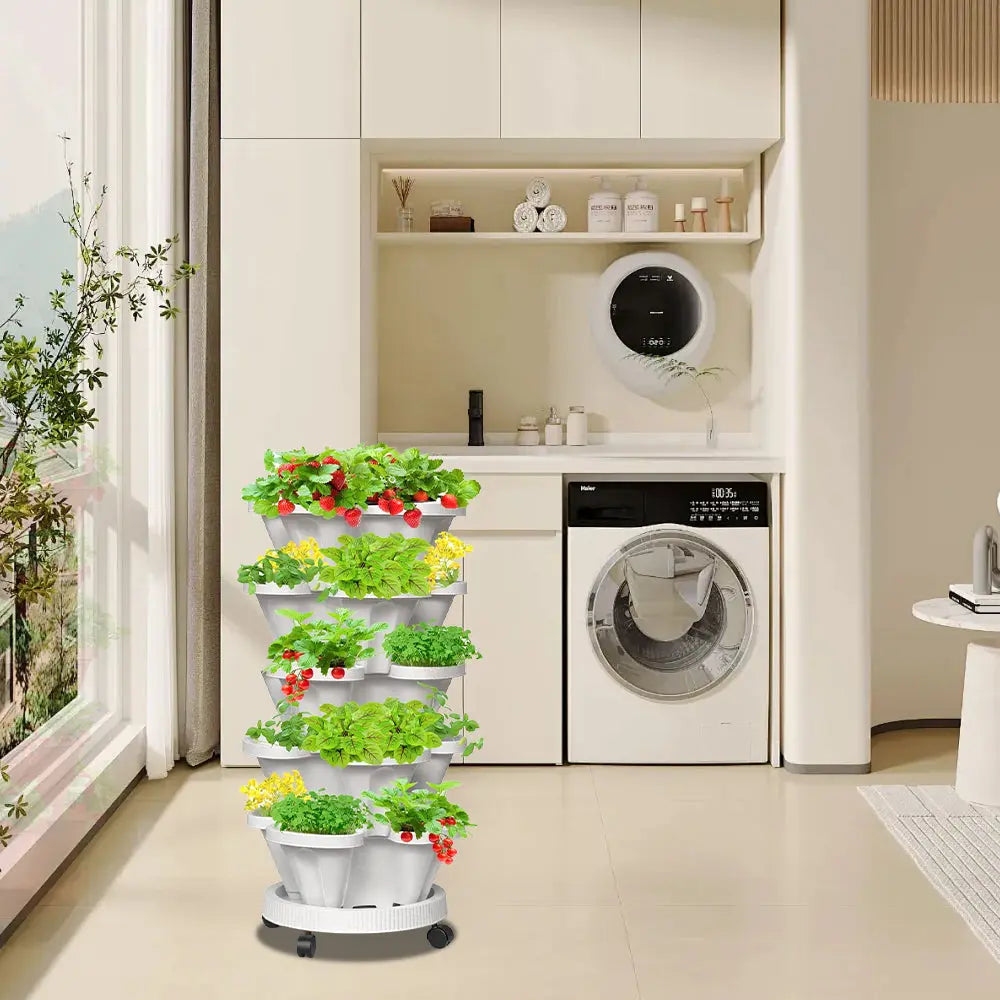 GREENHAVEN 5-Tier Stackable Planter, Indoor and Outdoor Gardening Planter with Removable Wheels and Tools