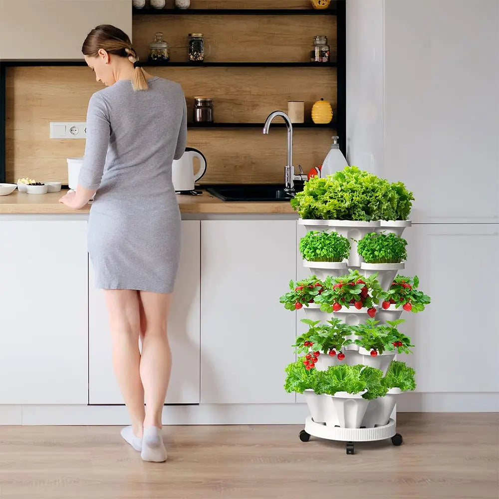 GREENHAVEN 5-Tier Stackable Planter, Indoor and Outdoor Gardening Planter with Removable Wheels and Tools