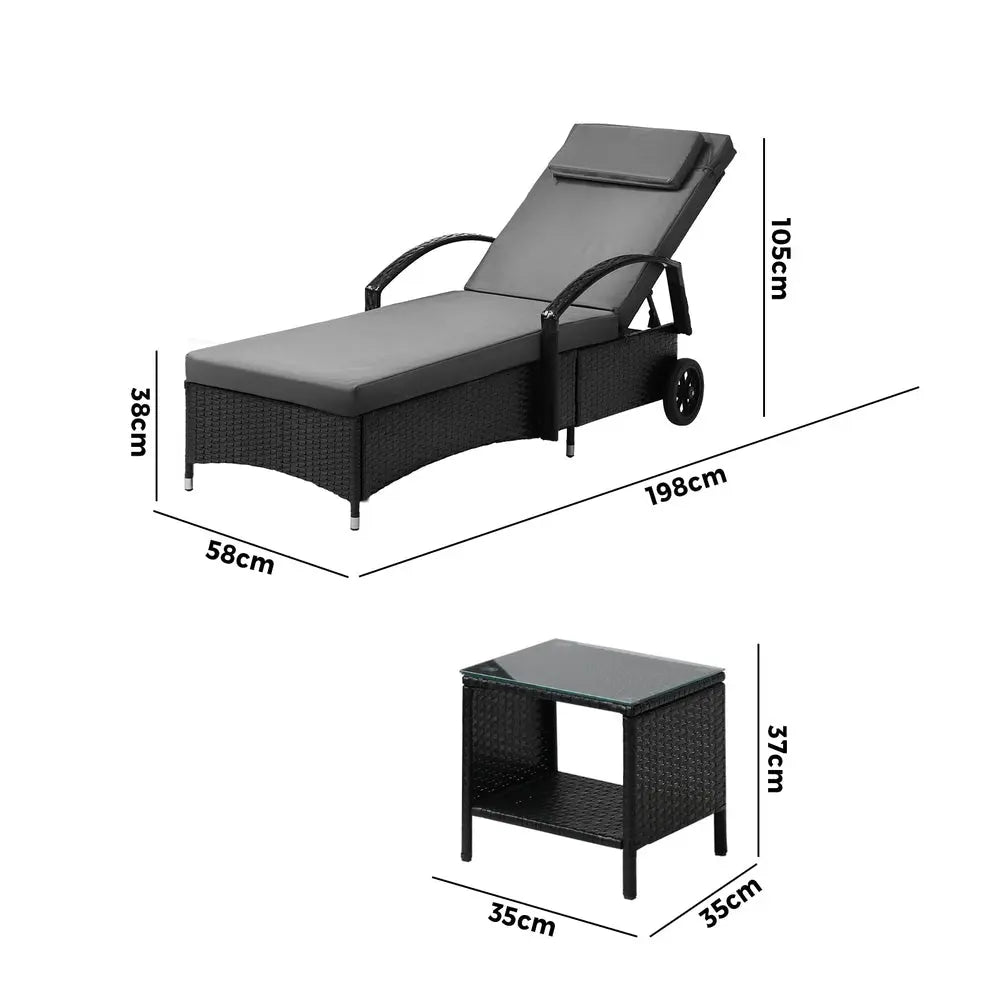 Grey and Black Wheeled Sun Lounger and Table Patio Set