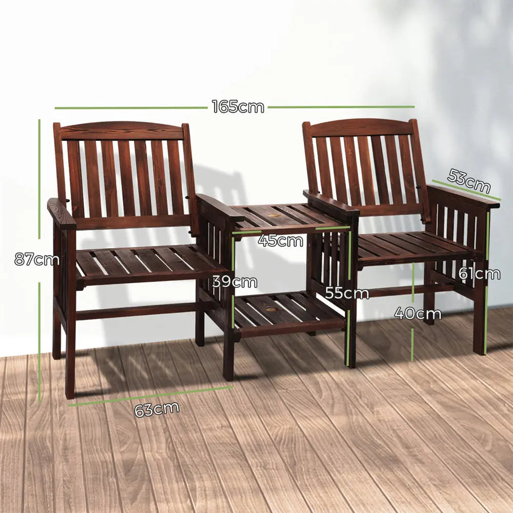 Outdoor Wooden Loveseat with Two Seats and Table Charcoal