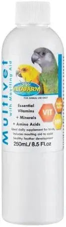 Vetafarm Multivet with Moulting Aid 250mL: Daily Vitamin, Mineral and Amino Acid Supplement for Birds