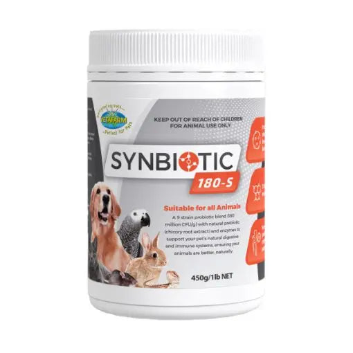 Vetafarm Synbiotic 180-S 450g: 9-Strain Probiotic, Prebiotic and Enzyme Blend for All Animals