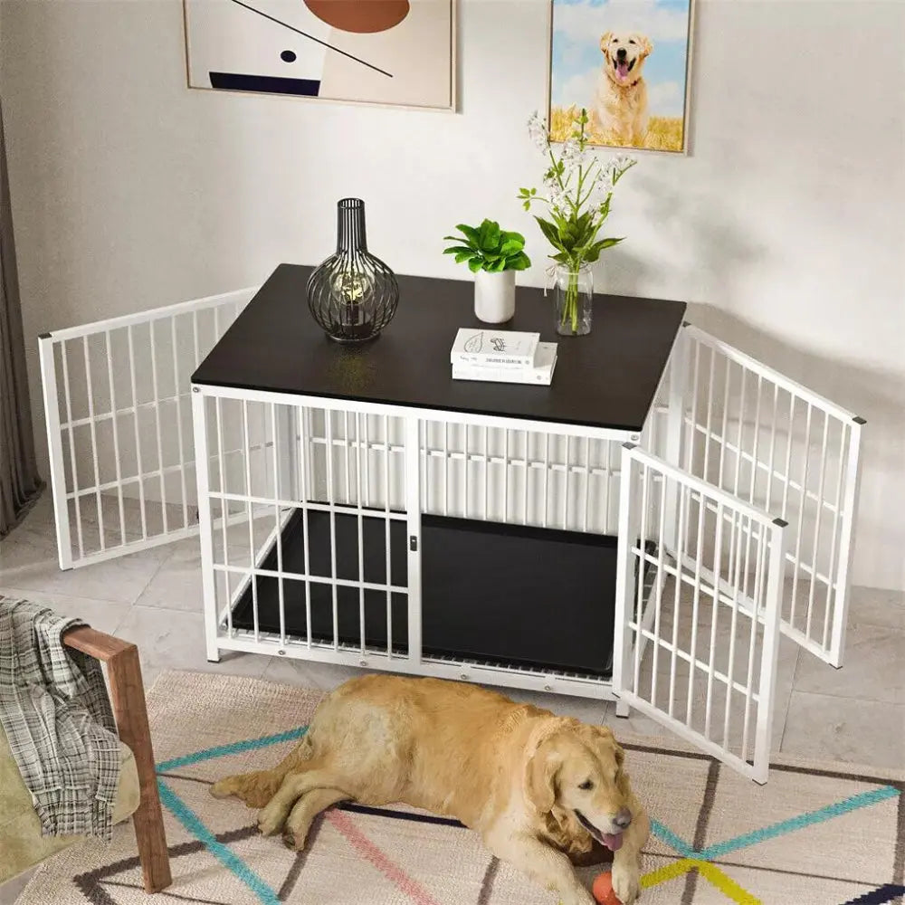 3-Door Furniture Style Dog Crate End Table: Indoor Pet Kennel with Removable Tray