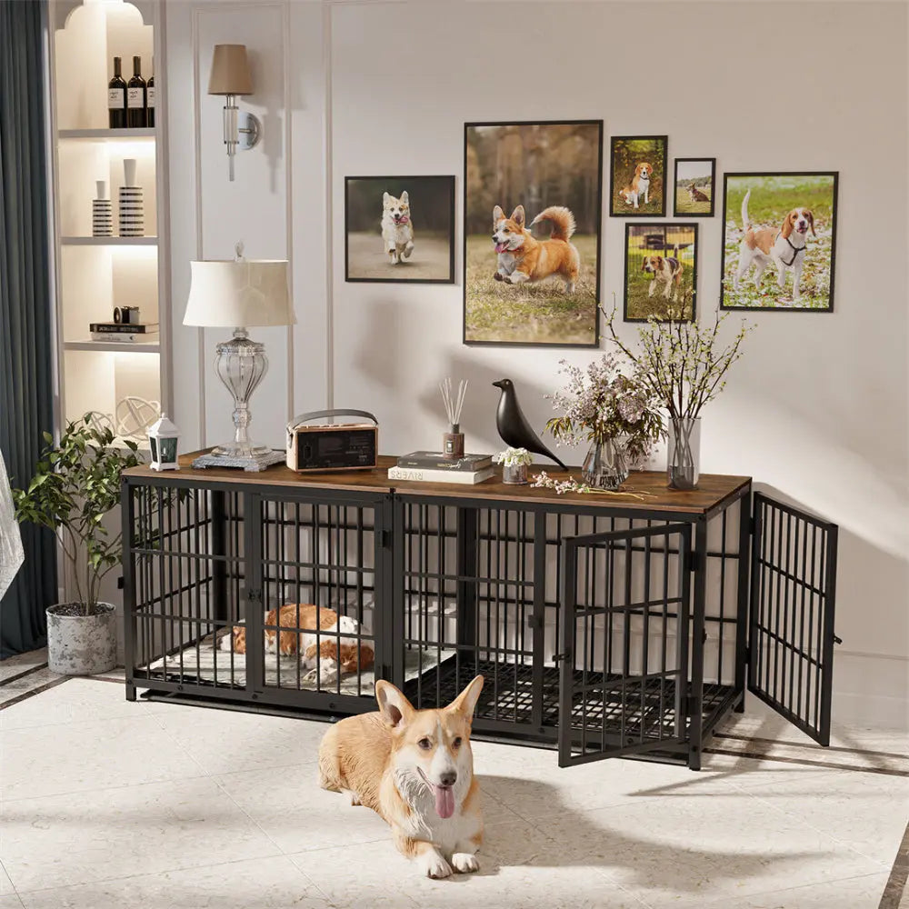 3-Door Furniture Style Dog Crate End Table: Indoor Pet Kennel with Removable Tray