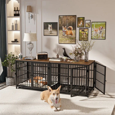 3-Door Furniture Style Dog Crate End Table: Indoor Pet Kennel with Removable Tray