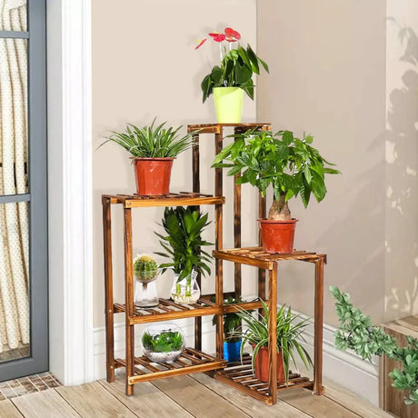 6 Tier Corner Plant Display Stand Wood Flower Pots Shelf Rack