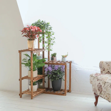 6 Tier Corner Plant Display Stand Wood Flower Pots Shelf Rack