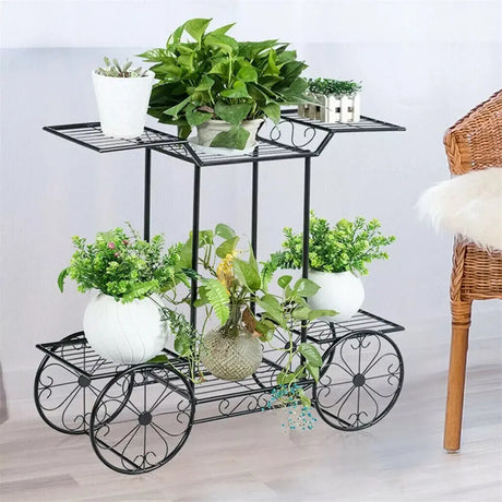 6 Tiers Metal Garden Cart Plant Stand Display Shelf Rack