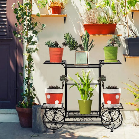 6 Tiers Metal Garden Cart Plant Stand Display Shelf Rack