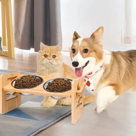 Adjustable Bamboo Elevated Dog Bowls with Stainless Steel Food Bowls