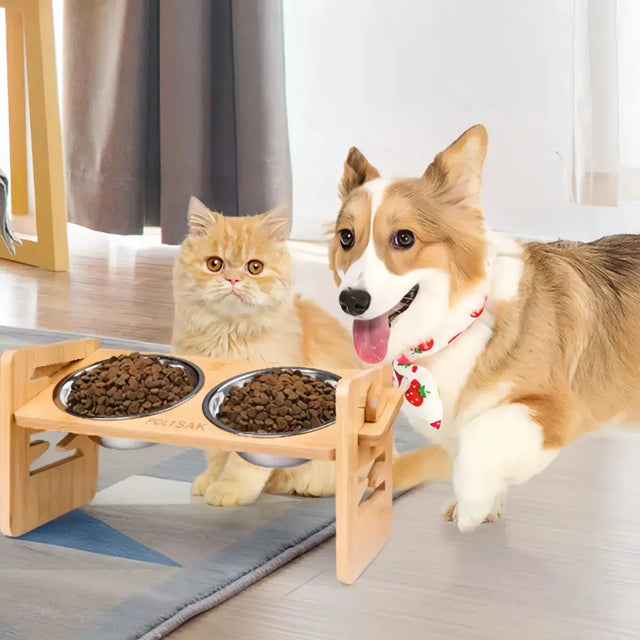 Adjustable Bamboo Elevated Dog Bowls with Stainless Steel Food Bowls