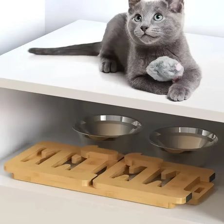 Adjustable Bamboo Elevated Dog Bowls with Stainless Steel Food Bowls