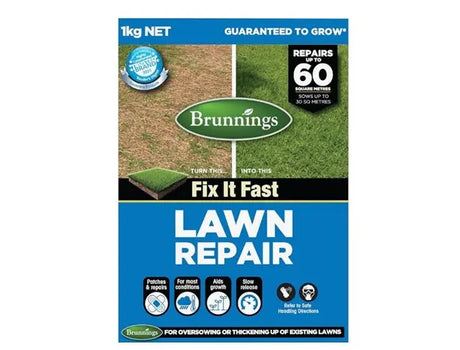 Brunnings Lawn Repair 1kg – Seed & Starter Fertiliser for Bare Lawn Patches
