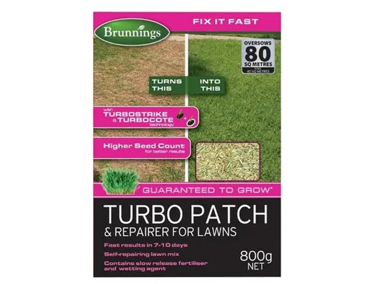 Brunnings Turbo Patch Repairer 800 g – Fast Lawn Patch Fix with Seed & Fertiliser Bonnyrigg Produce & Garden Supplies