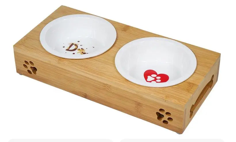 TWO CERAMIC DRINKER / FEEDER WITH WOOD TRAY FOR CAT / DOG Feeder