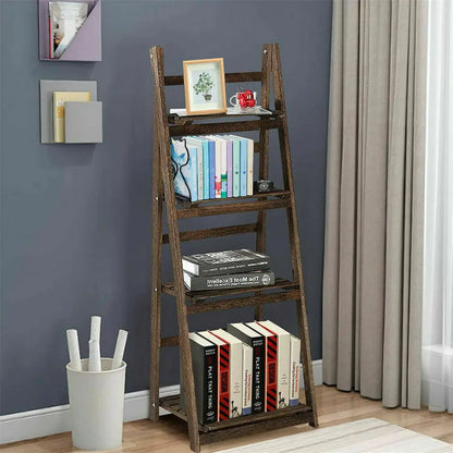 Folding 4 Tier Ladder Shelf Storage Shelving Unit Wooden Bookcase