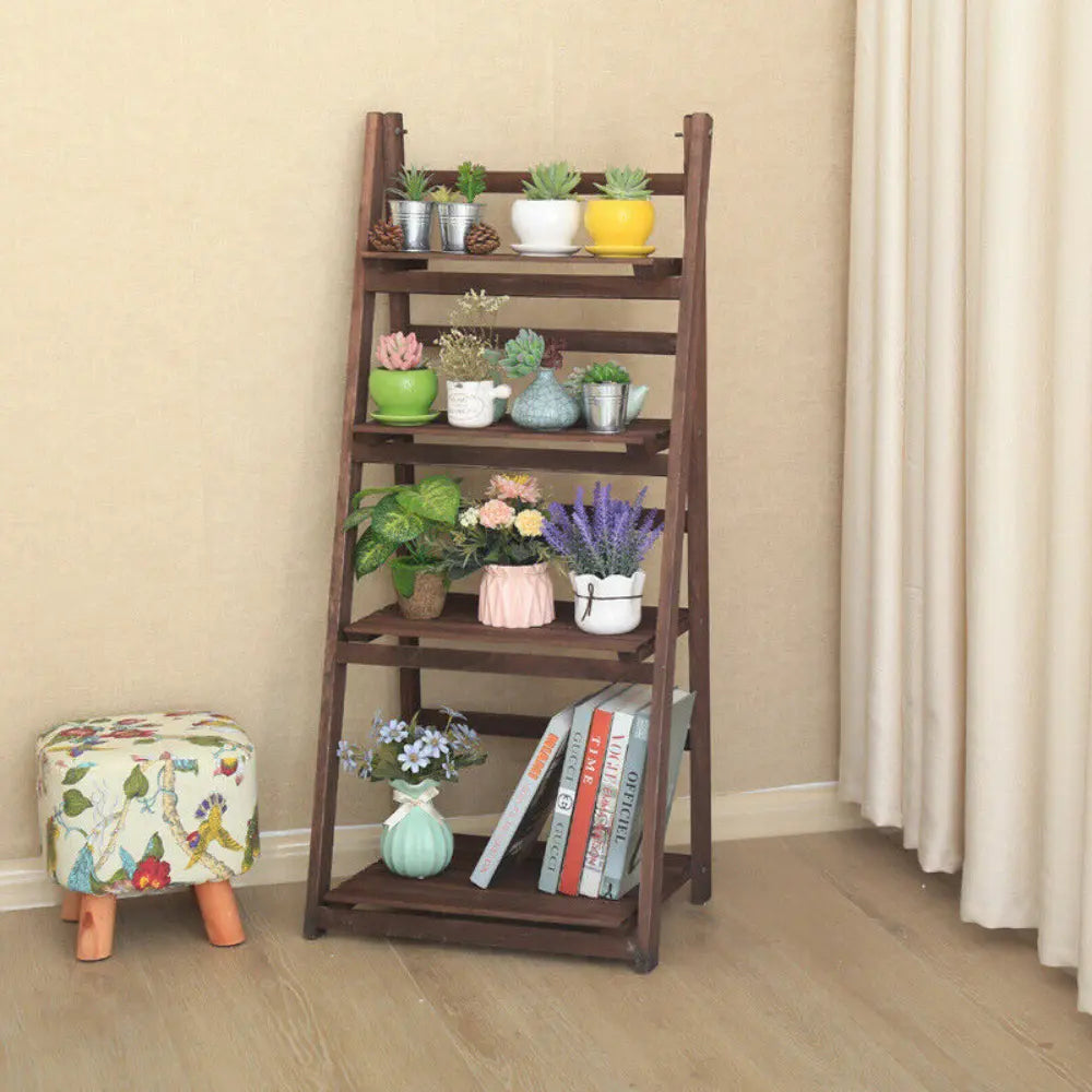 Folding 4 Tier Ladder Shelf Storage Shelving Unit Wooden Bookcase