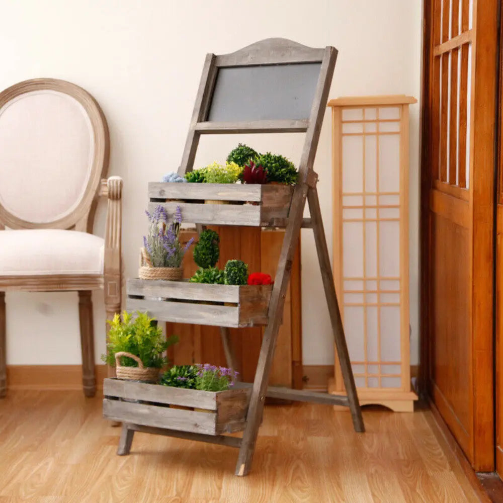 Folding Ladder 3 Tier Plant Stand Garden Flower Pot Holder Shelf with Chalkboard