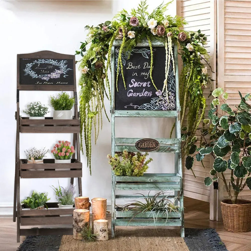 Folding Ladder 3 Tier Plant Stand Garden Flower Pot Holder Shelf with Chalkboard