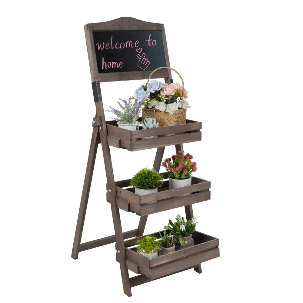 Folding Ladder 3 Tier Plant Stand Garden Flower Pot Holder Shelf with Chalkboard