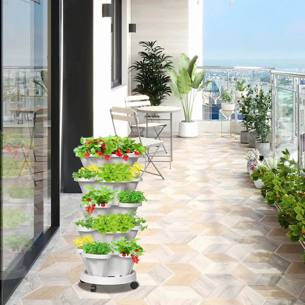 GREENHAVEN 5-Tier Stackable Planter, Indoor and Outdoor Gardening Planter with Removable Wheels and Tools