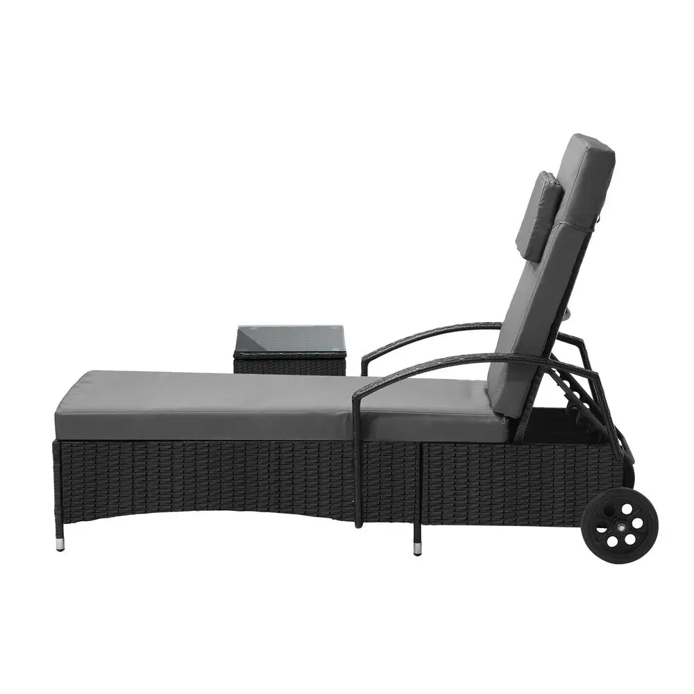 Grey and Black Wheeled Sun Lounger and Table Patio Set