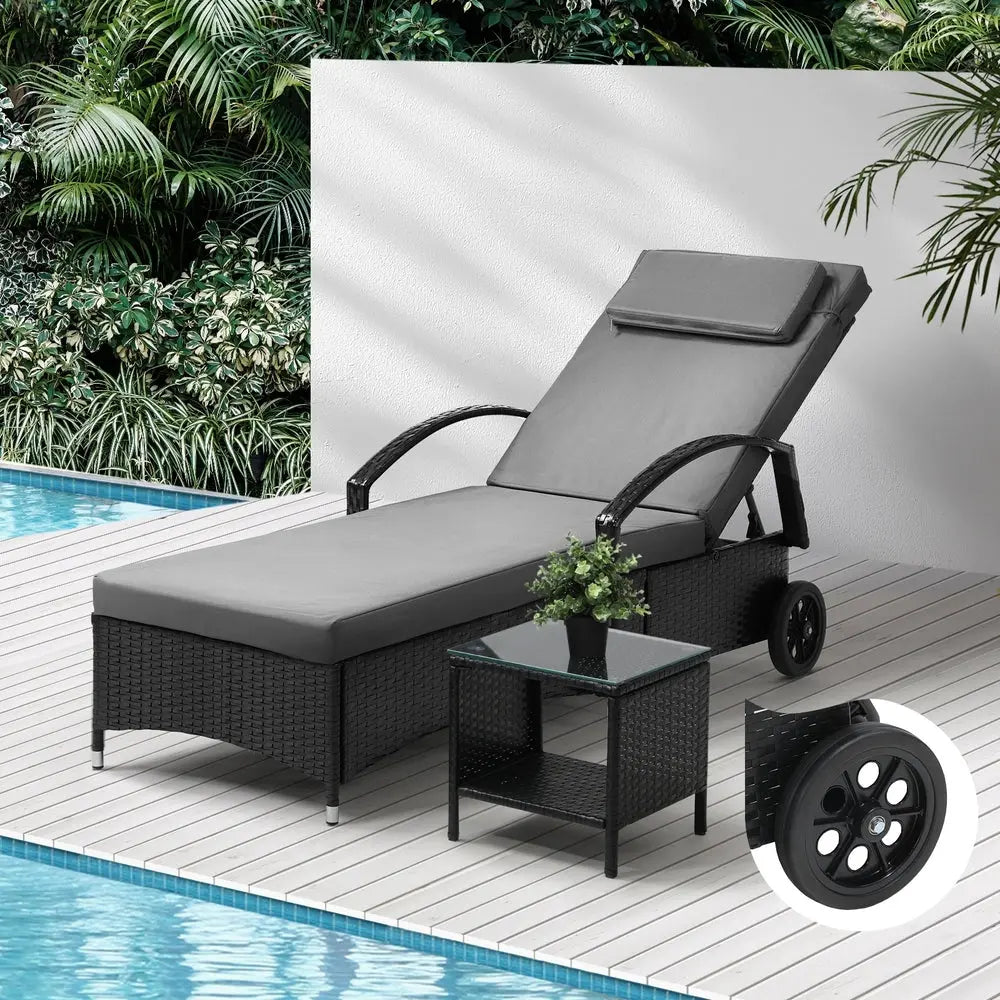 Grey and Black Wheeled Sun Lounger and Table Patio Set