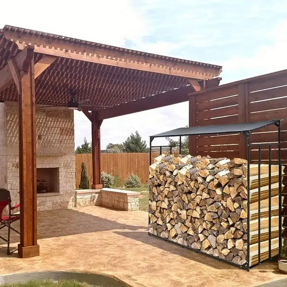 Heavy Duty Outdoor Firewood Storage Metal Log Rack with Top Cover