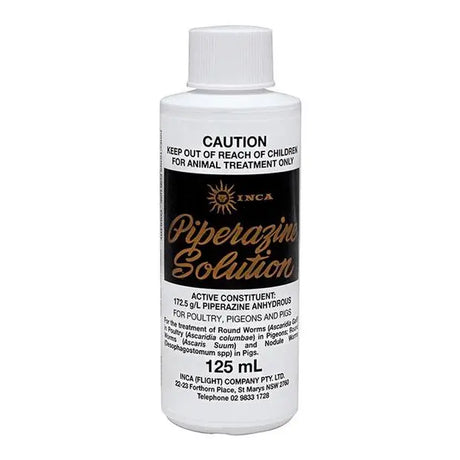 Inca Piperazine Solution 125mL: Roundworm Wormer for Poultry, Pigeons and Pigs
