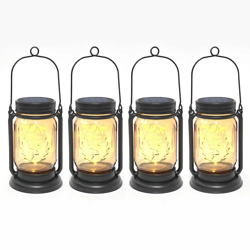 LUMIRO 4 Pack Solar Hanging Mason Jar Lights Decorative Solar Lantern with Stakes