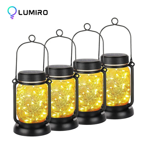 LUMIRO 4 Pack Solar Hanging Mason Jar Lights Decorative Solar Lantern with Stakes