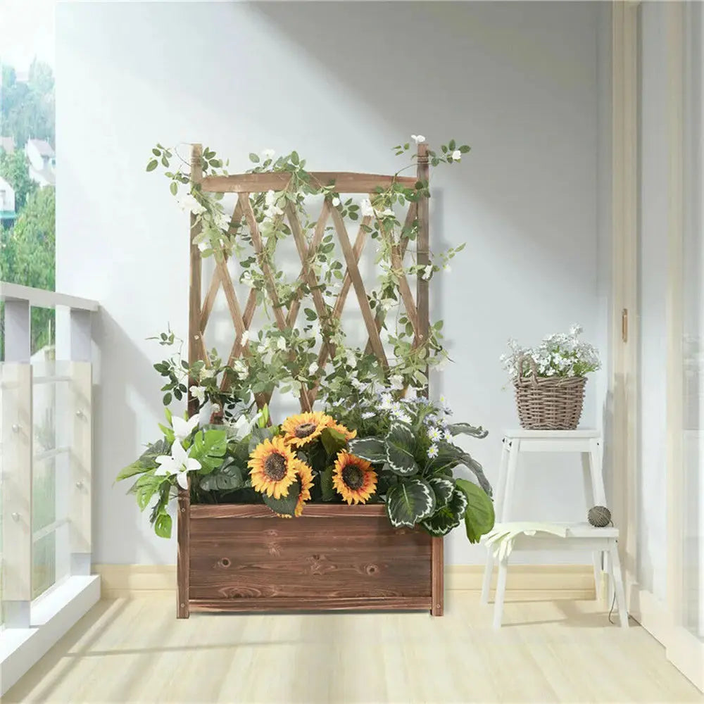 Lattice Raised Garden Bed Wooden Planter Box with Trellis