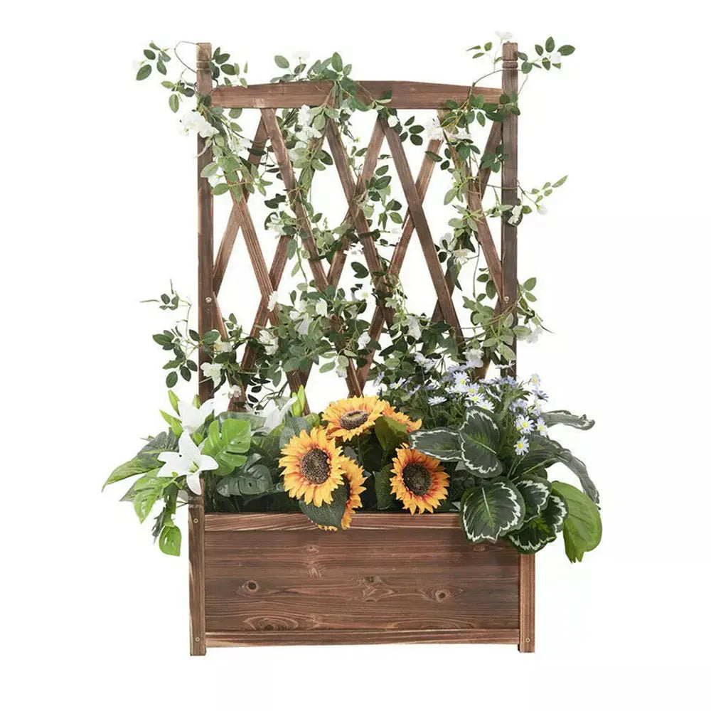 Lattice Raised Garden Bed Wooden Planter Box with Trellis