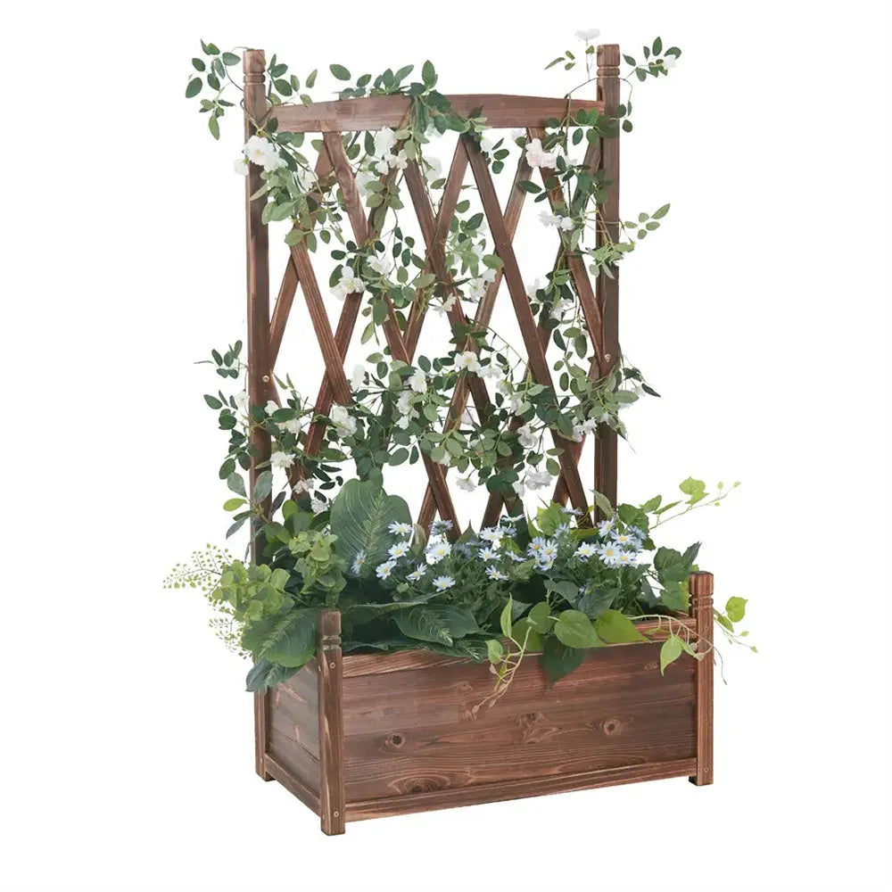 Lattice Raised Garden Bed Wooden Planter Box with Trellis