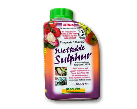 Manutec Wettable Sulphur 500g: Fungicide and Miticide for Powdery Mildew, Rust, Scab and Mites