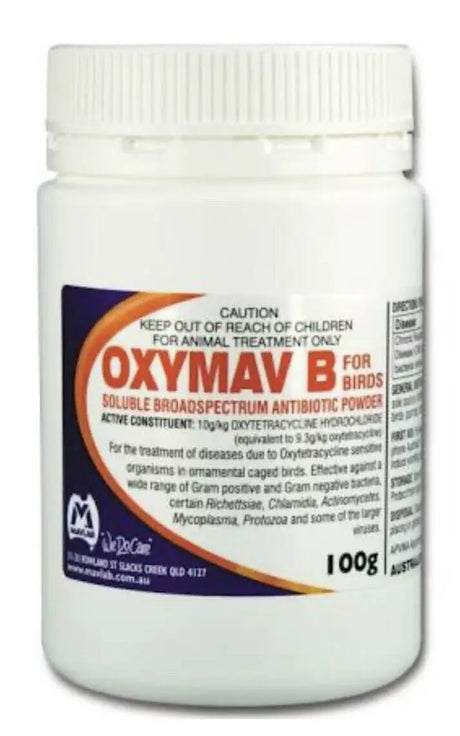 Mavlab Oxymav B 100g: Soluble Broad-Spectrum Antibiotic Powder for Birds