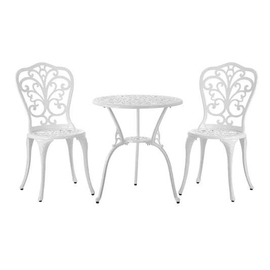 Outdoor Patio Set 3pcs Cast Aluminum Table and Chairs White