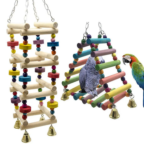 Parakeet Bird Toy: Wooden Swing &amp; Climbing Ladder with Bells