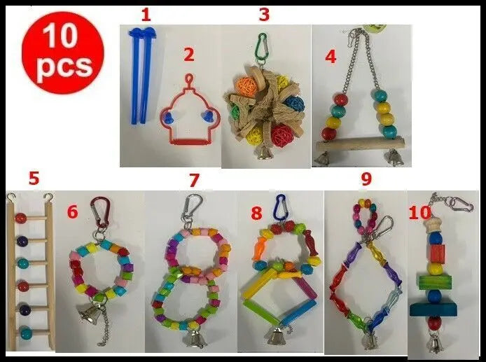 Parrot Bird Toy Set 10 Pack – Hanging Swings, Ladders & Chew Toys