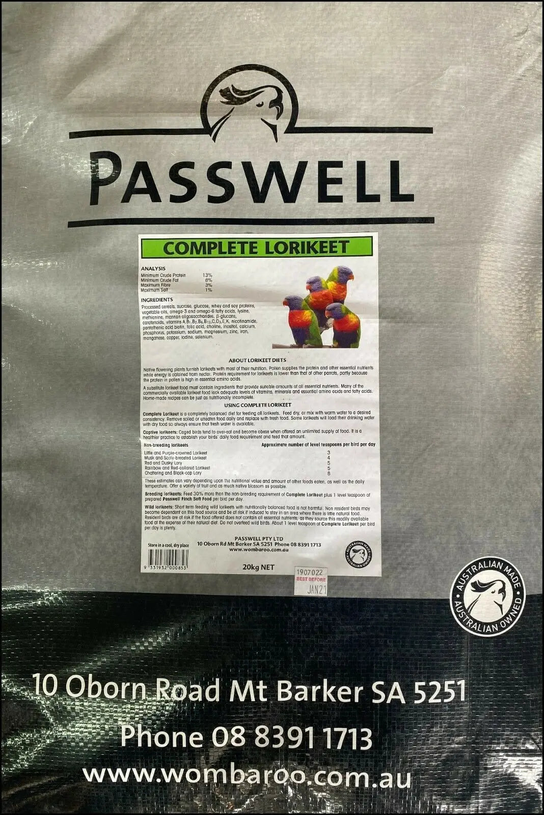 Passwell Complete Lorikeet 20kg: Nutritionally Balanced Wet or Dry Diet for Lorikeets & Lories
