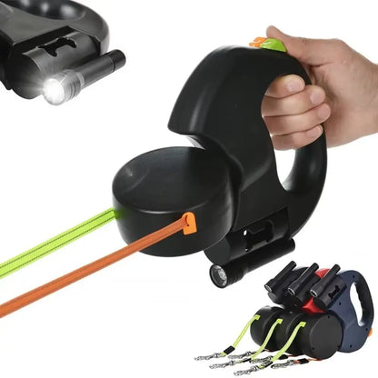 Retractable Dual Dog Leash with LED Light and Independent Braking