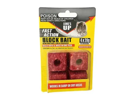Time’s Up Fast Action Block Bait 4x20g – Rodent Control Blocks for Rats & Mice Bonnyrigg Produce & Garden Supplies