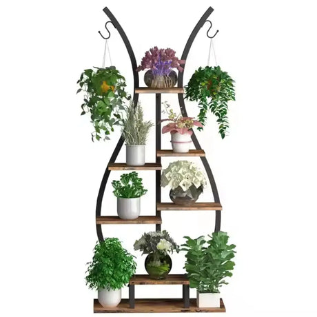  Vase Shape Tall Planter Display Rack – Garden Plant Stand with 5 Tiers and Hangers
