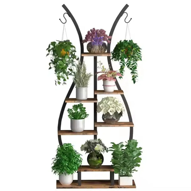  Vase Shape Tall Planter Display Rack – Garden Plant Stand with 5 Tiers and Hangers
