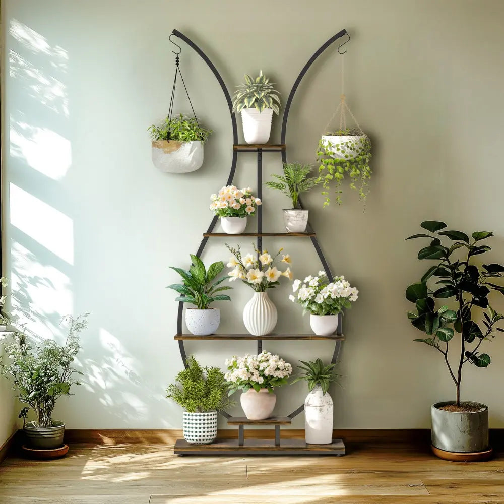 Vase Shape Tall Planter Display Rack – Garden Plant Stand with 5 Tiers and Hangers
