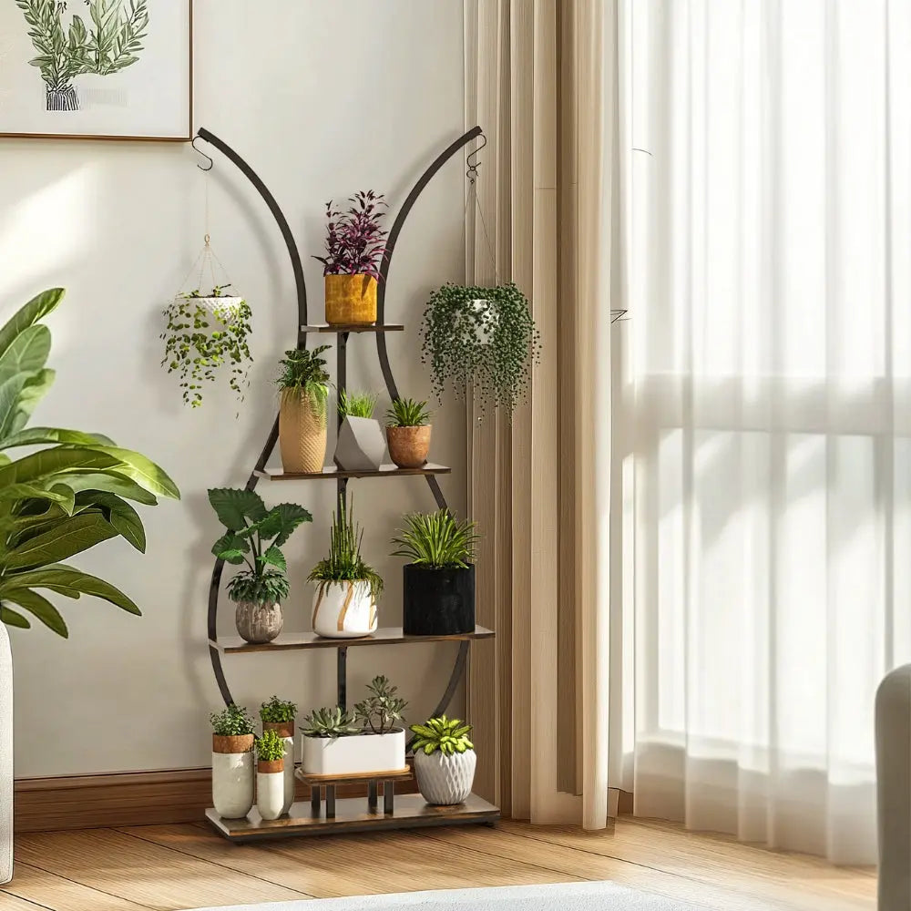 Vase Shape Tall Planter Display RackGarden Plant Stand with 5 Tiers and Hangers